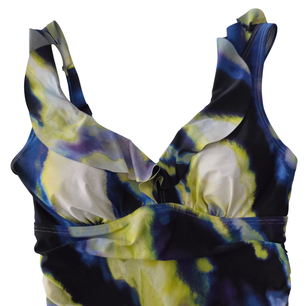 DKNY Womens One Piece Swimsuit Yellow Blue Abstract Watercolor Ruched Medium - Picture 2 of 10
